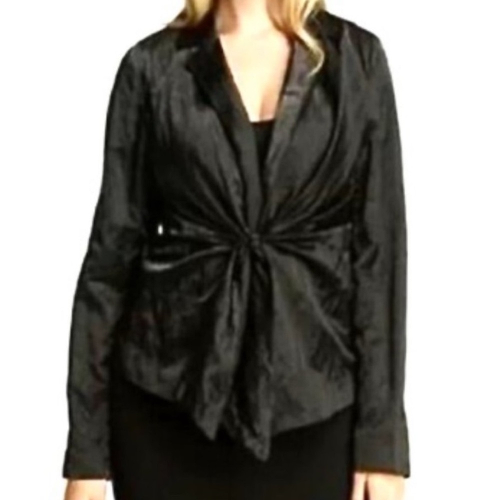 Eileen Fisher Steel Satin Black Notch Collar Tie Front Jacket